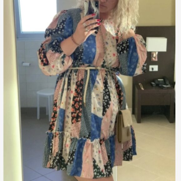 SHEIN Bishop Sleeve Ruffle Hem Patchwork Dress - Picture 3 of 3